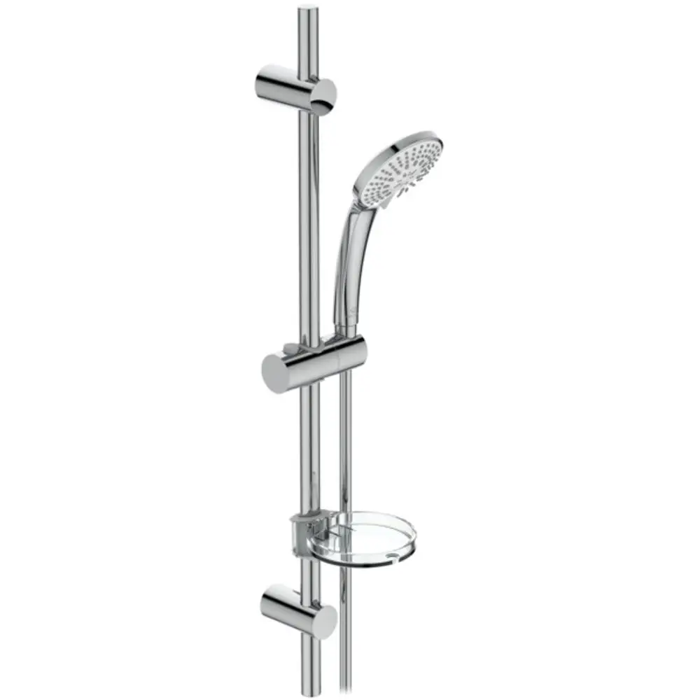 Brausekombination von Ideal Standard mit Handbrause, Halterung und Ablage. Die Oberfläche ist in Chrom. Das Produkt zeigt eine praktische und funktionale Gestaltung.